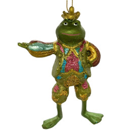 Håndmalet frø med fint tøj som kan pynte på juletræet.
